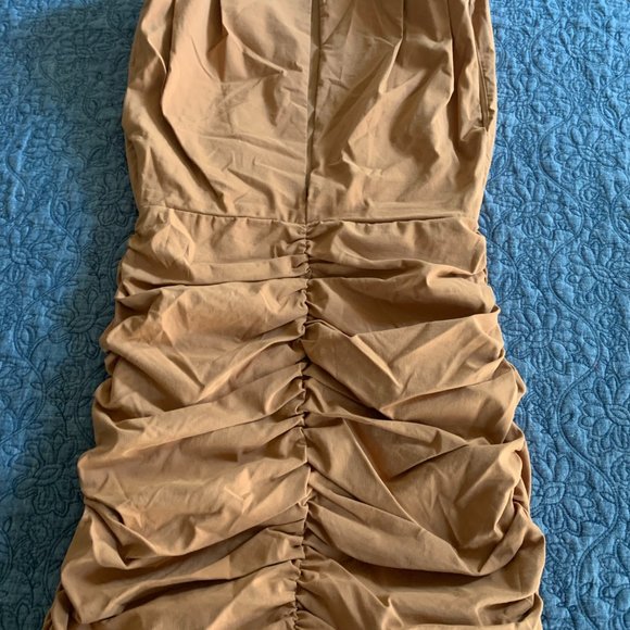 NWT Zara Open Back Gathered with Cinching Brown Stretch Dress, sz Large - Picture 6 of 9